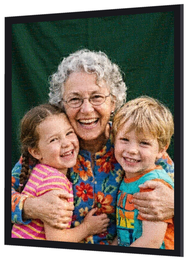 Photo mosaic of a grandmother with her grandchildren in a black wooden frame
