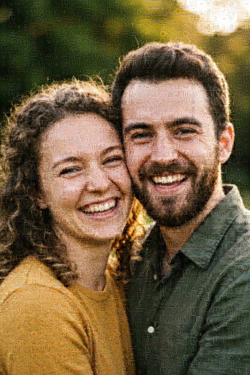 Photo mosaic of a laughing couple, made up of hundreds of small photos