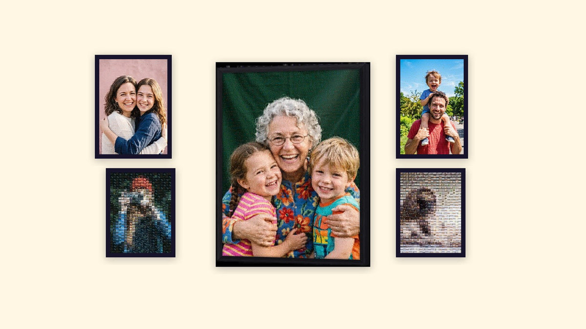 Photo wall with a framed photo mosaic as the centrepiece