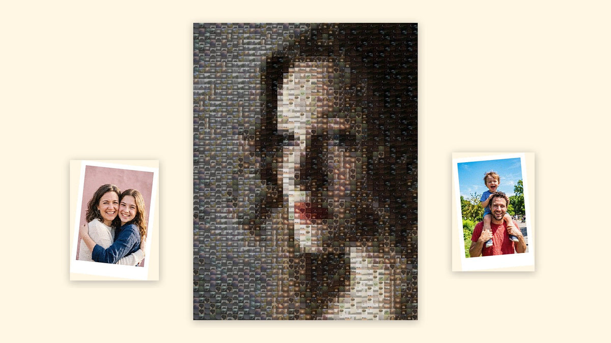 Fotomozaïek van een portret, opgebouwd uit oude foto's