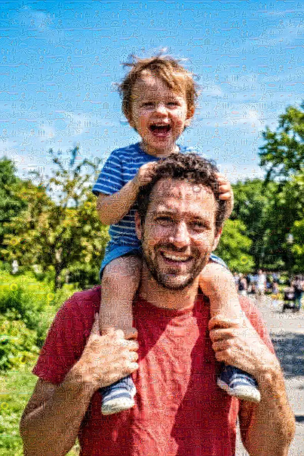 Detail of a photo mosaic of a father with his son on his shoulders: up close every tile is a photo of its own