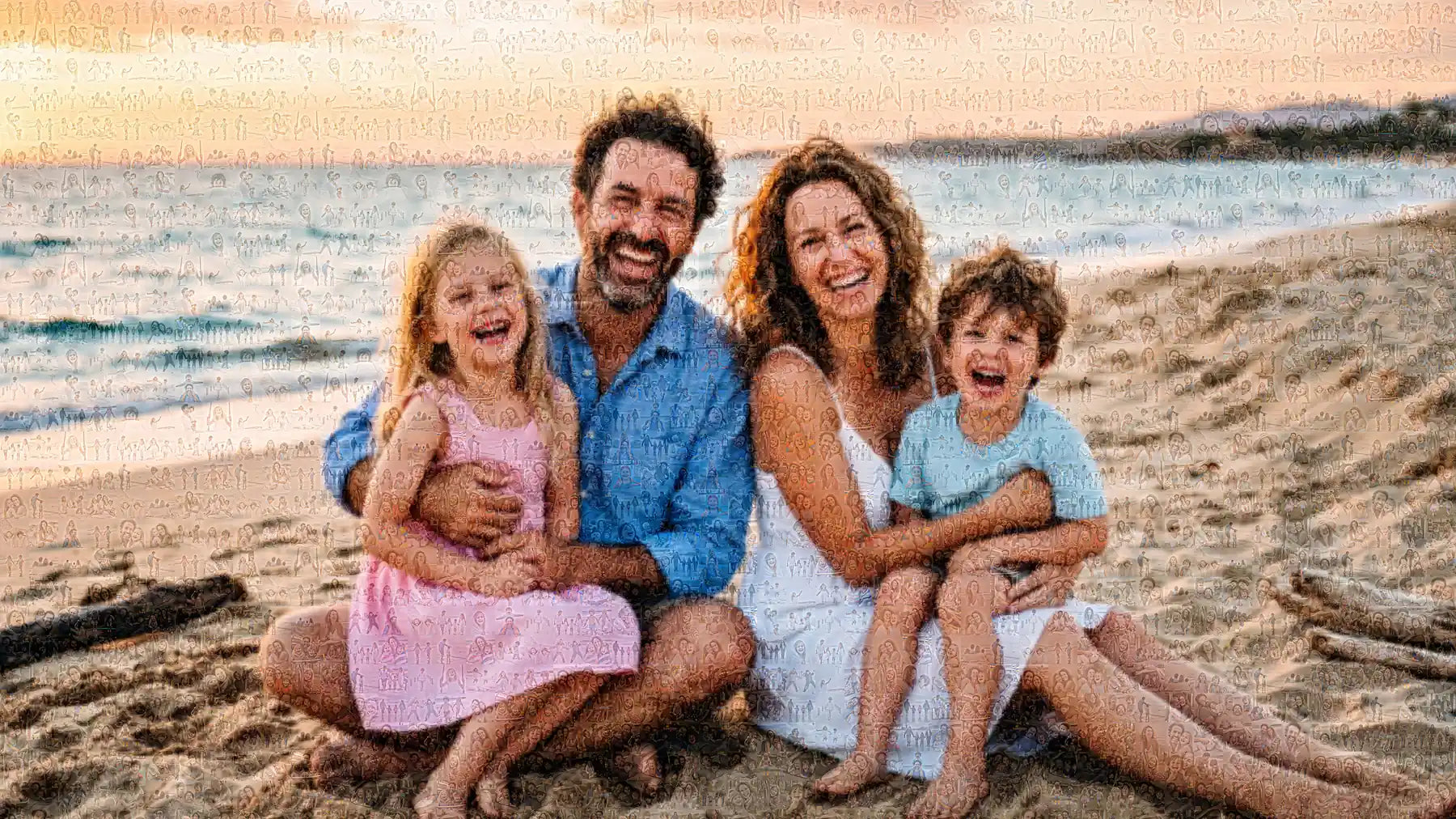 Photo mosaic of a family on the beach; up close you see their own photos