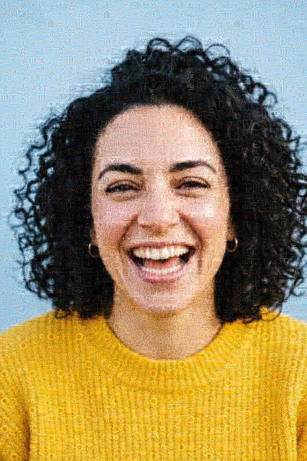Photo mosaic of a laughing woman with curls, made up of hundreds of small photos