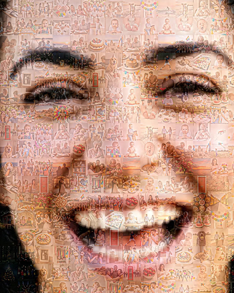 Detail of a photo mosaic up close, where the individual small photos are clearly visible