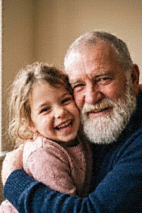 Photo mosaic of a grandfather with a white beard hugging his laughing granddaughter