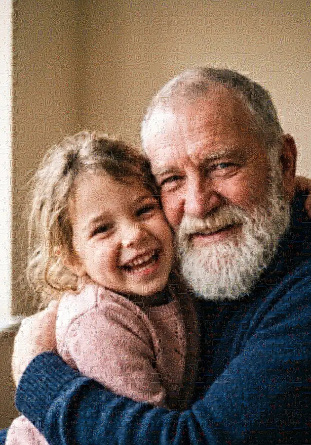 Photo mosaic of a grandfather with his granddaughter, made up of hundreds of small photos